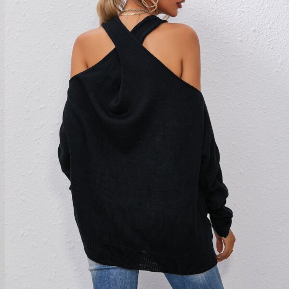 Black Cold Shoulder Halter Oversized Sweater Top - Picture 2 of 3